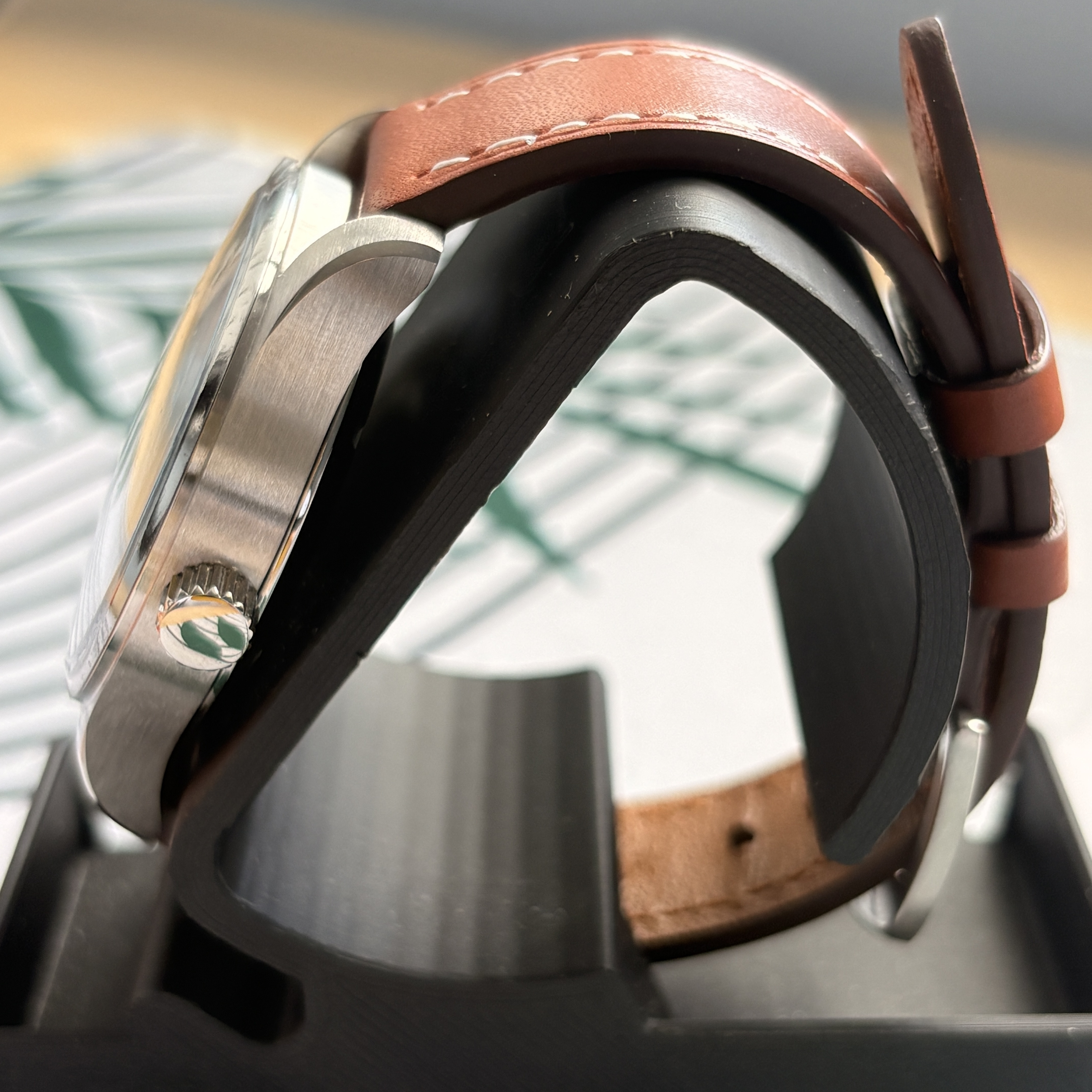 Detail of a Revival Watch Works case and strap